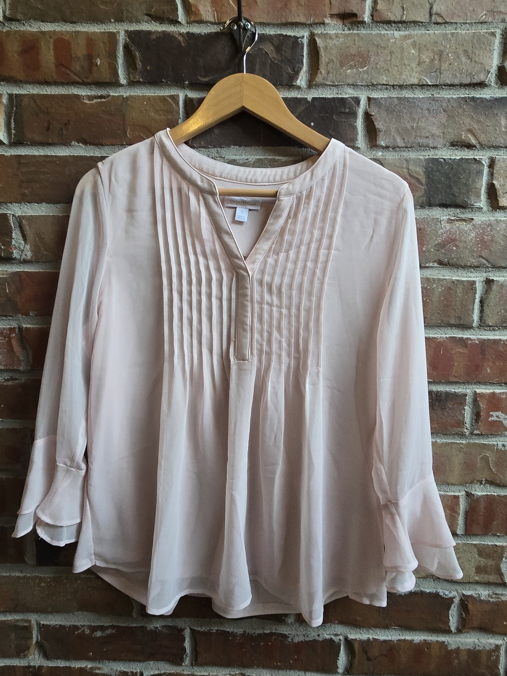 Charter Club Pale Blush Pintuck V-Neck Blouse Feminine Flowy Ruffles